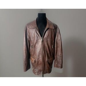 Lucky Brand Vintage Brown Leather Zip Front Coat With Quilted Lining size Large